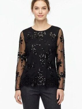 White House Black Market ls sequin Flowers long sleeve blouse SIze LP NWT